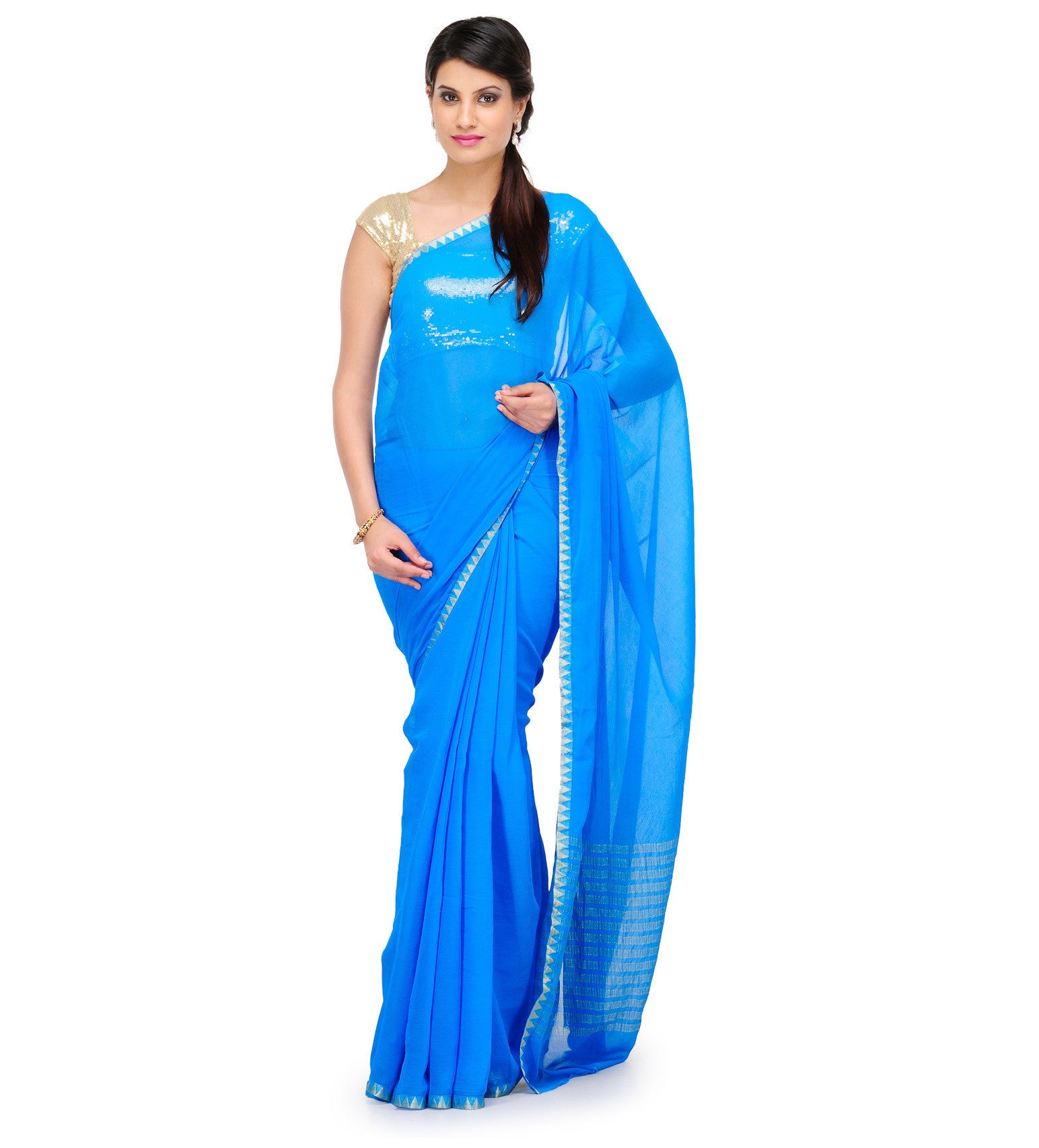 Turquoise Semi Chiffon Saree with Zari Border