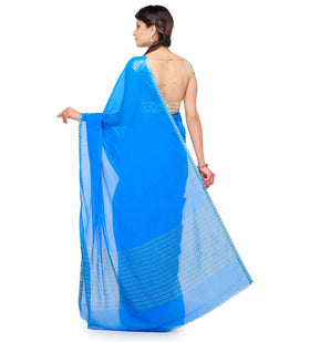 Turquoise Semi Chiffon Saree with Zari Border