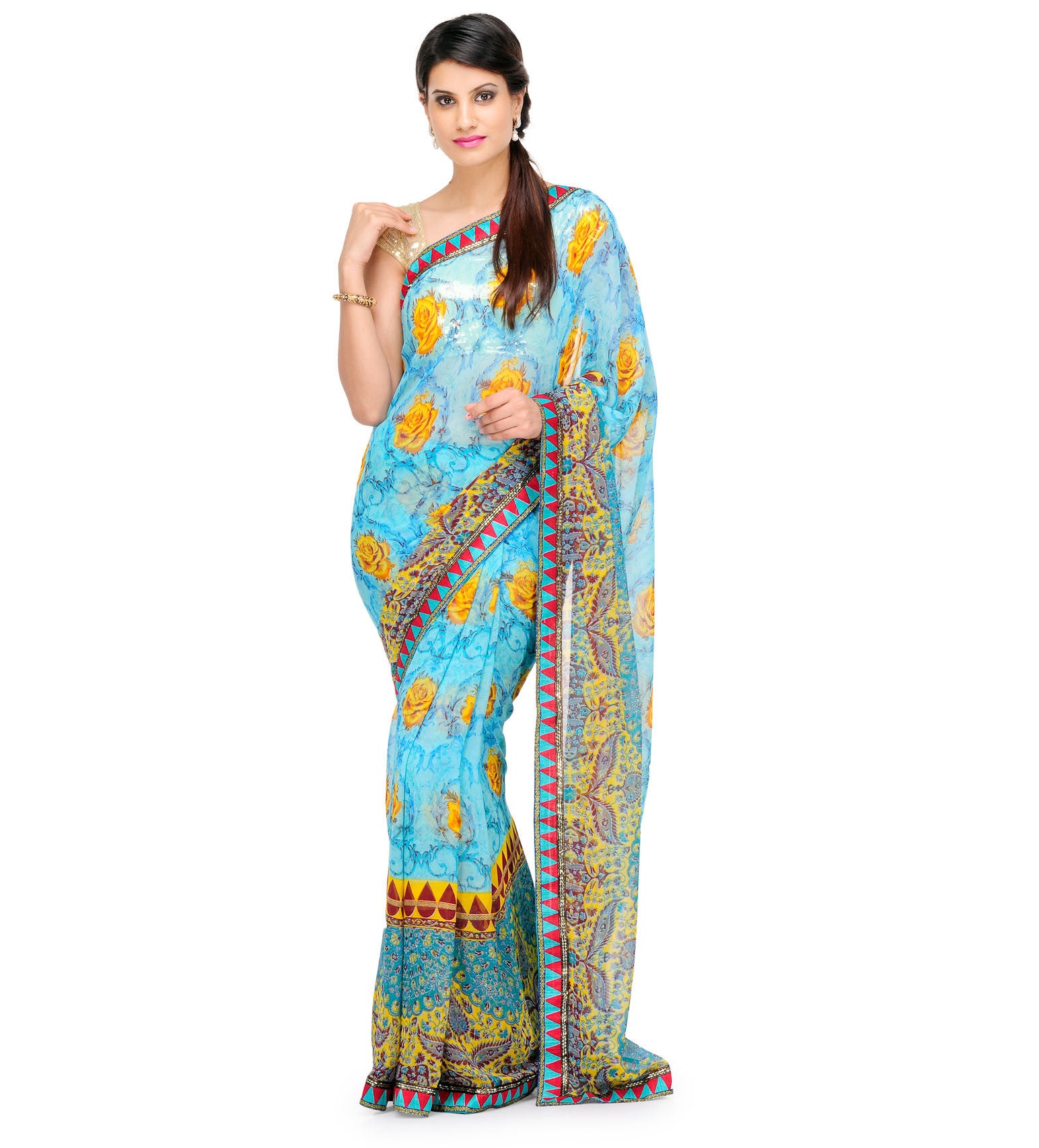 Turquoise Faux Georgette Printed Saree