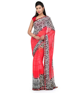 Off White & Salmon Faux Georgette Saree