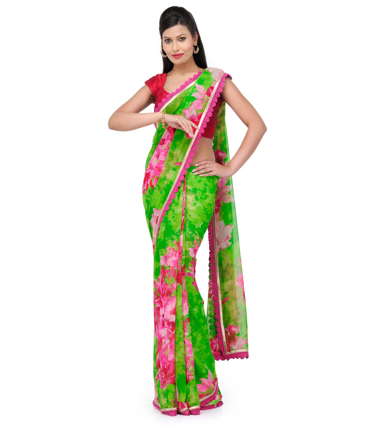 Parrot Green Faux Georgette Printed Saree