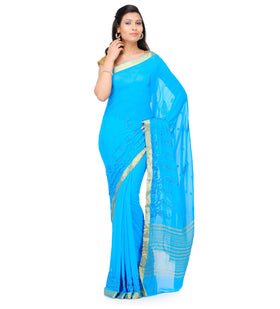 Turquoise Semi Chiffon Saree with Resham Work