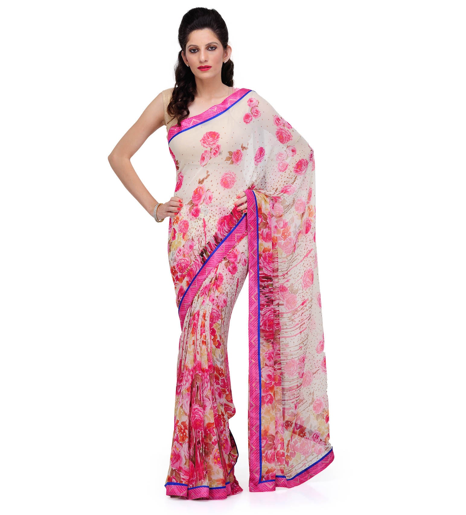 Cream Faux Georgette Printed Saree