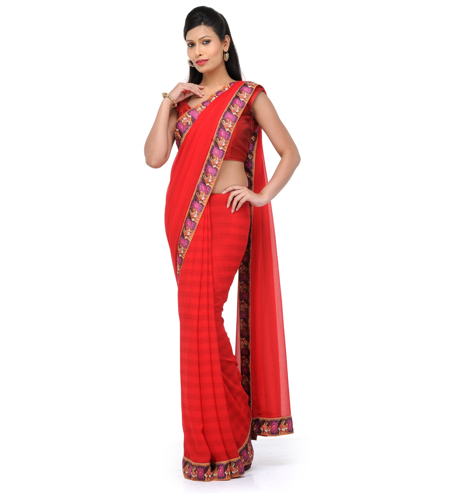 Red Faux Chiffon Printed Saree