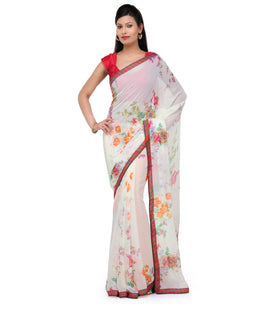 Cream Faux Chiffon Printed Saree