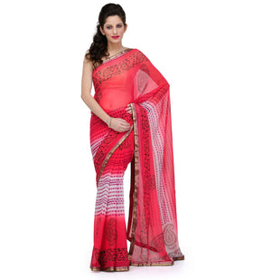 Pink & Off White Faux Chiffon Saree