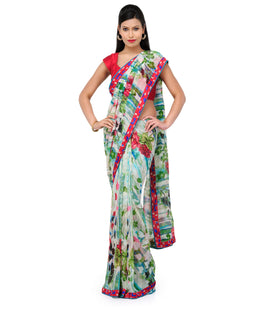 Off White Faux Chiffon Printed Saree