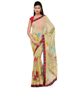 Beige Faux Chiffon Printed Saree