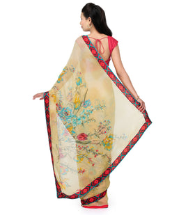 Beige Faux Chiffon Printed Saree