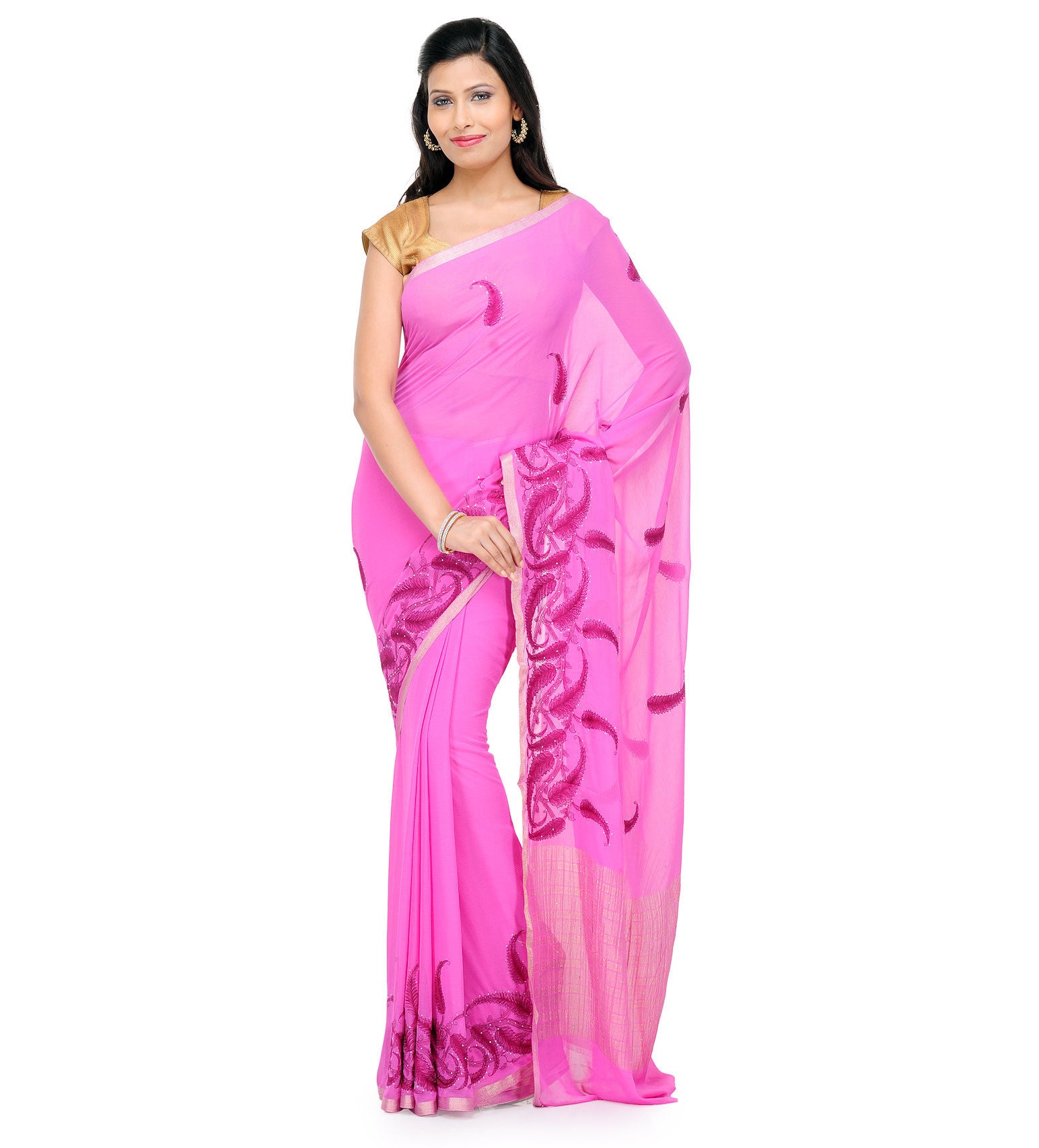 Pink Semi Chiffon Saree with Resham Work