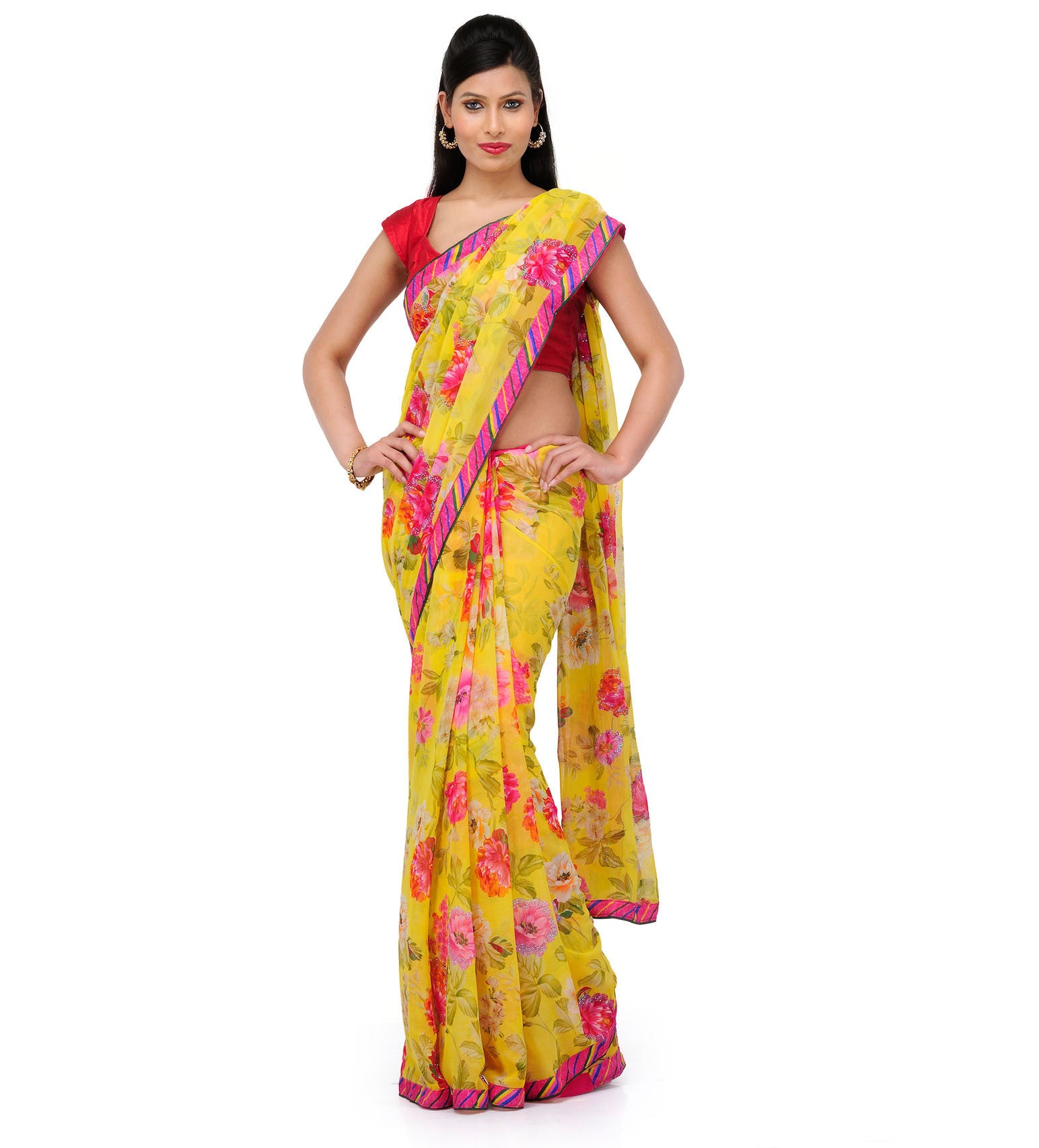 Yellow Faux Chiffon Printed Saree