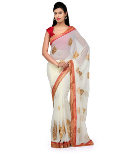 Off White Faux Chiffon Saree with Zari Border