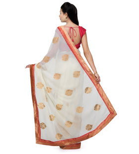 Off White Faux Chiffon Saree with Zari Border