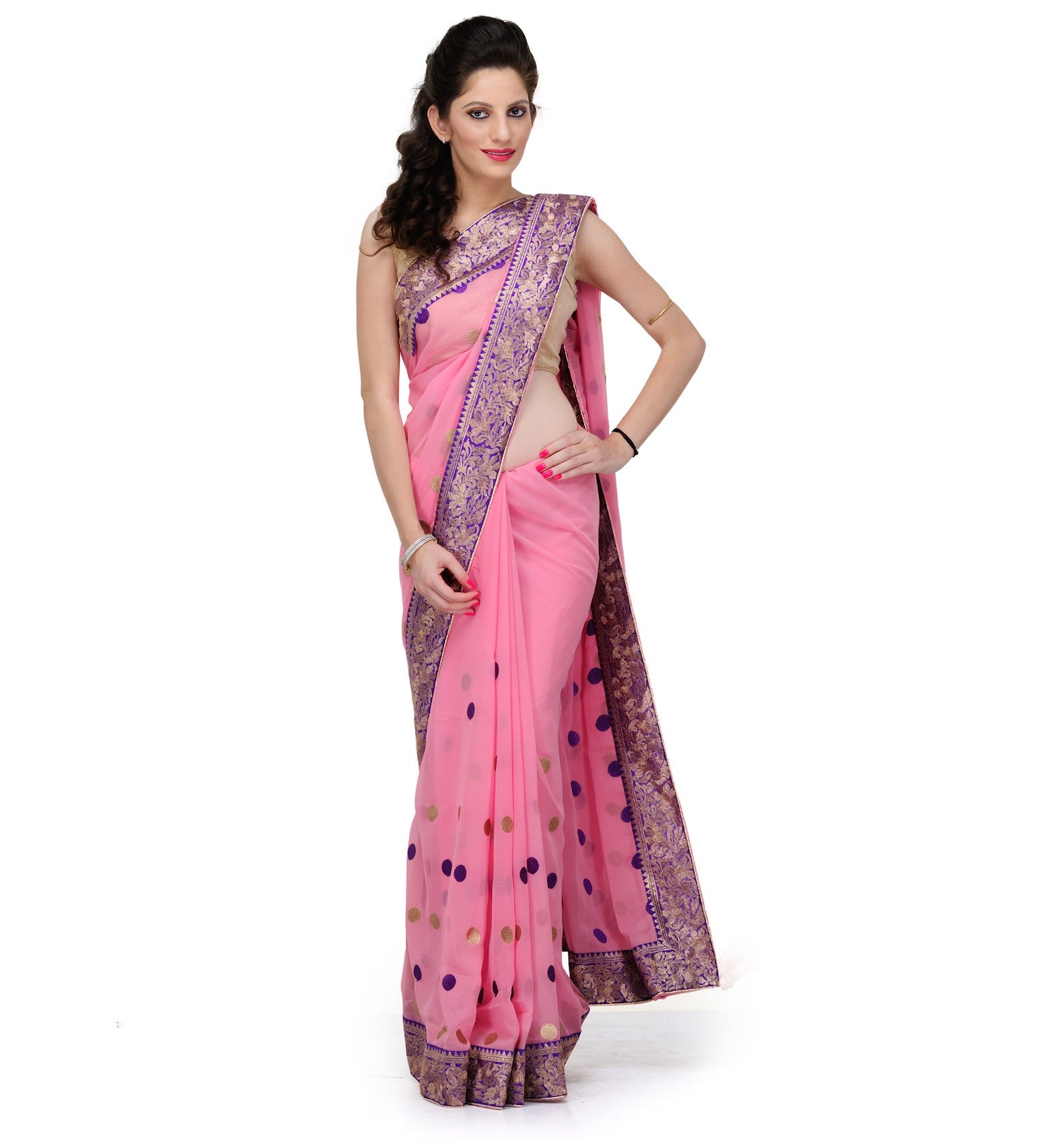 Salmon Faux Chiffon Saree with Zari Border