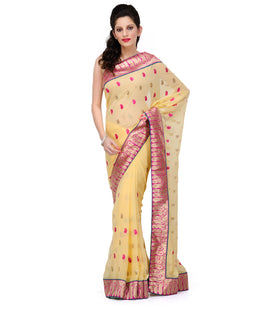 Yellow Faux Chiffon Saree with Zari Work