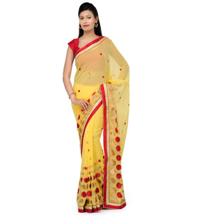 Yellow Faux Chiffon Saree with Resham Border