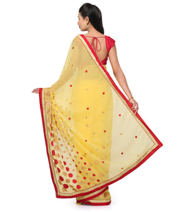 Yellow Faux Chiffon Saree with Resham Border