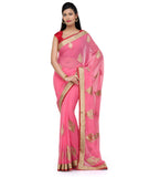 Salmon Faux Chiffon Saree with Zari Border