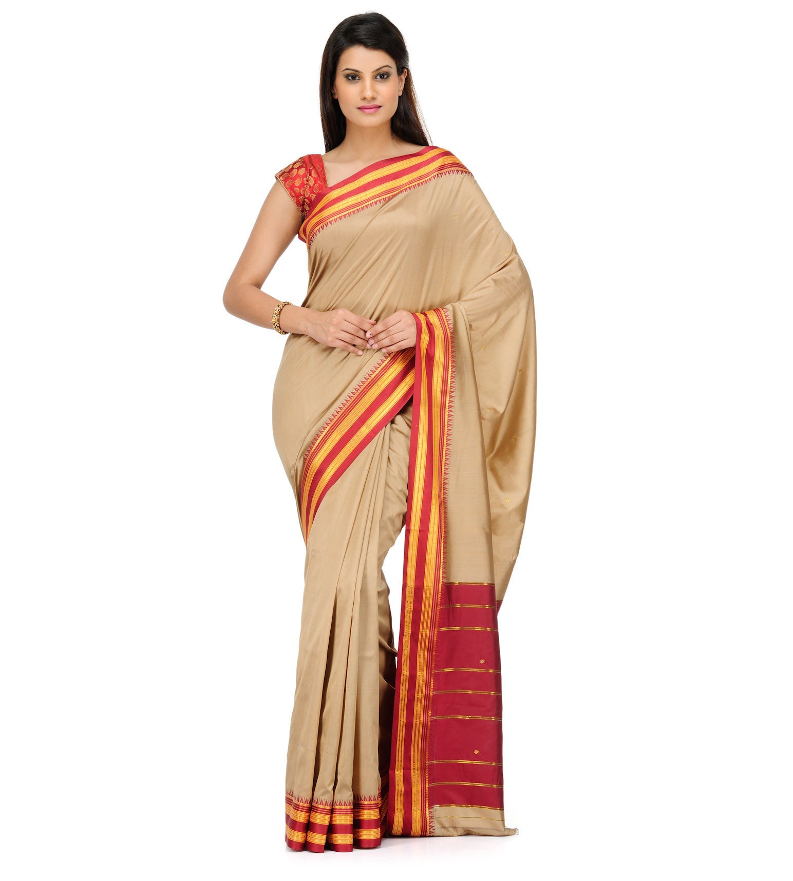 Fawn Art Silk Saree with Temple Border