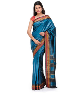 Teal Blue Art Silk Saree with Temple Border