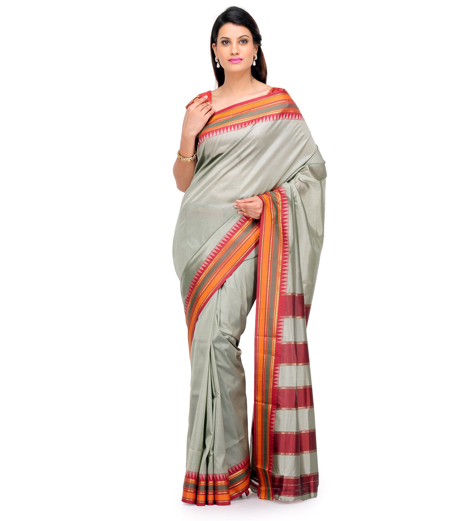 Grey Art Silk Saree with Temple Border