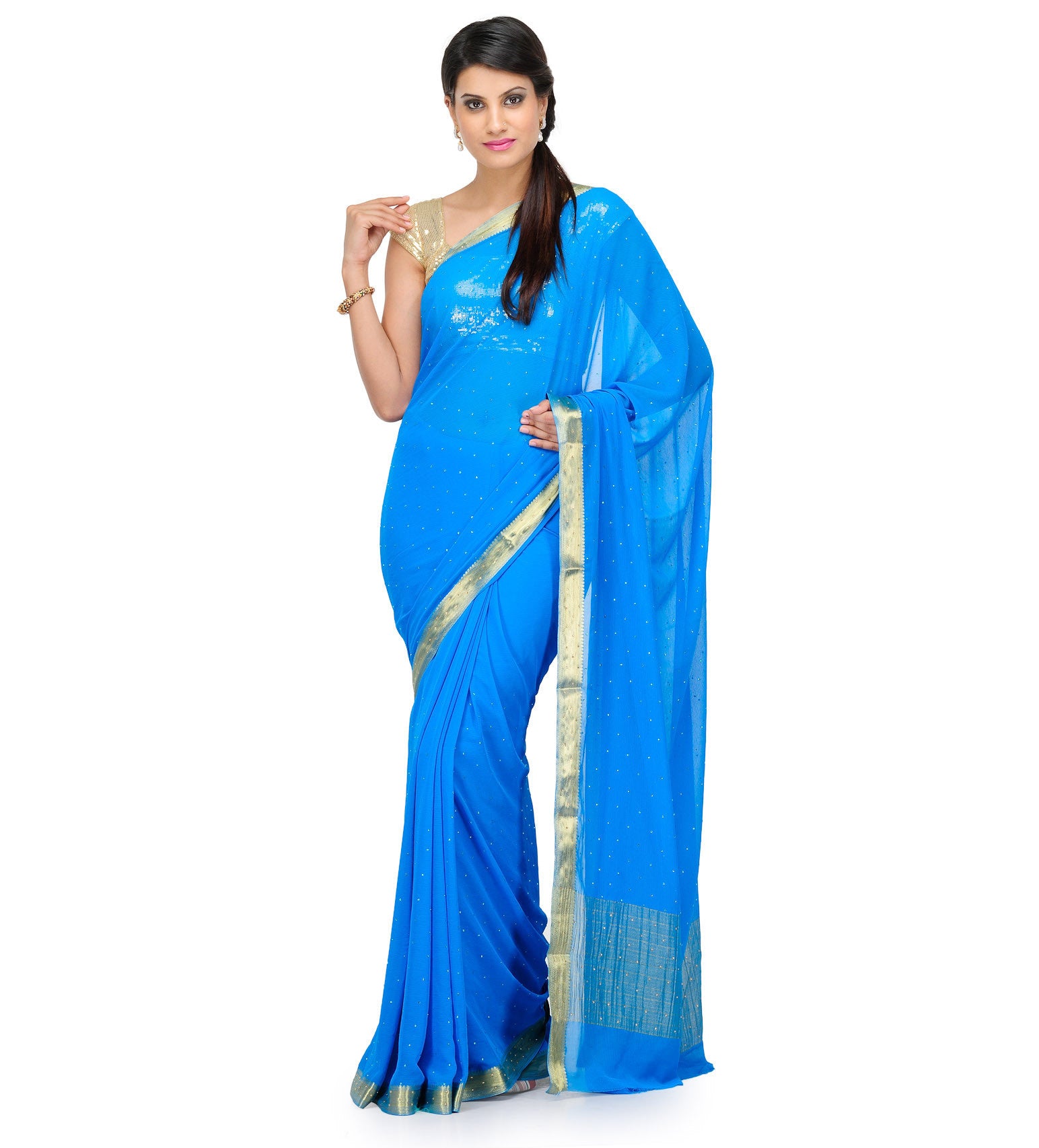 Turquoise Semi Chiffon Saree with Swarovski Work