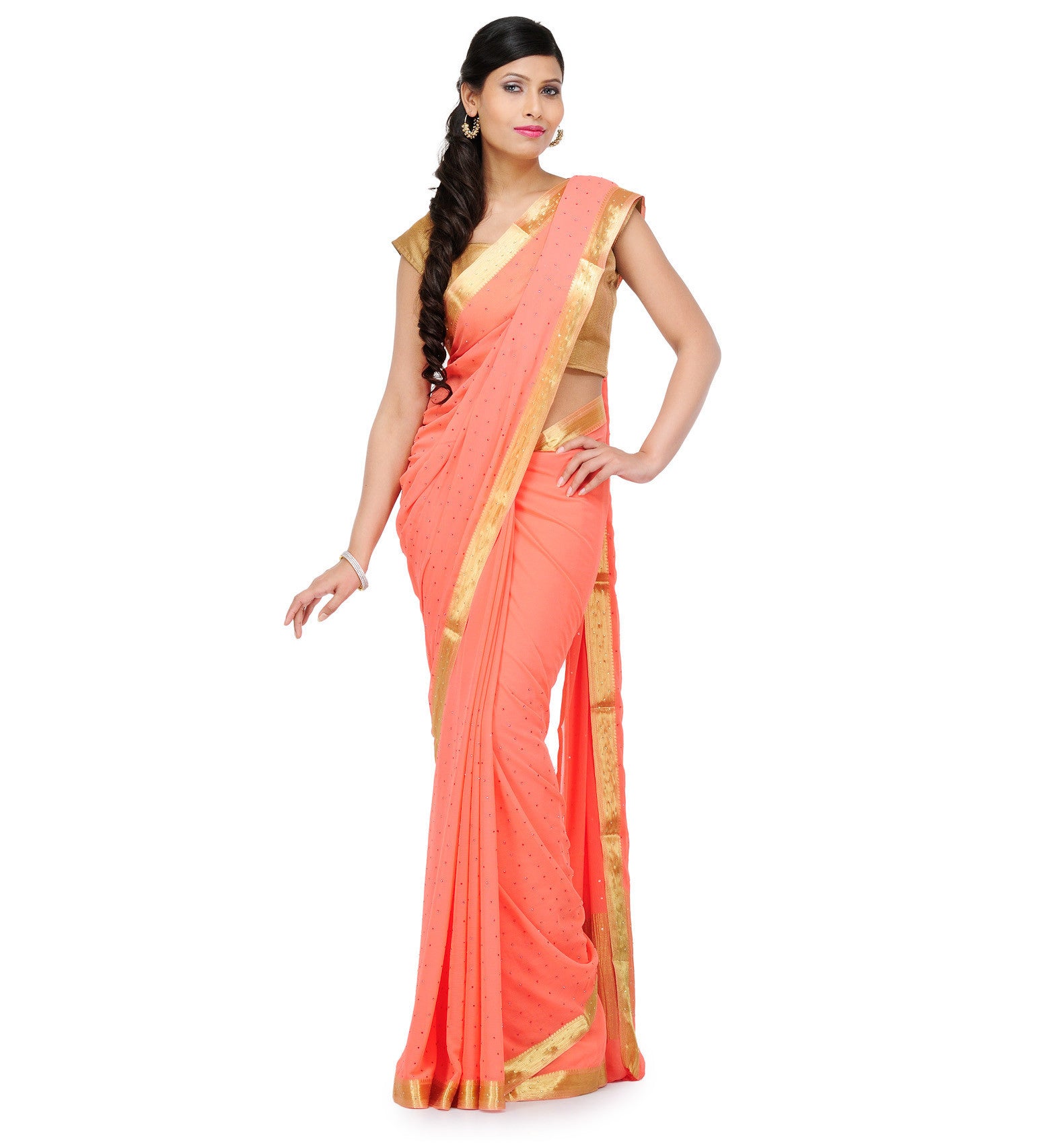 Peach Viscose Saree with Swarovski Work