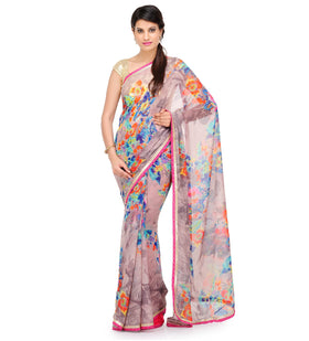 Grey Faux Georgette Printed Saree