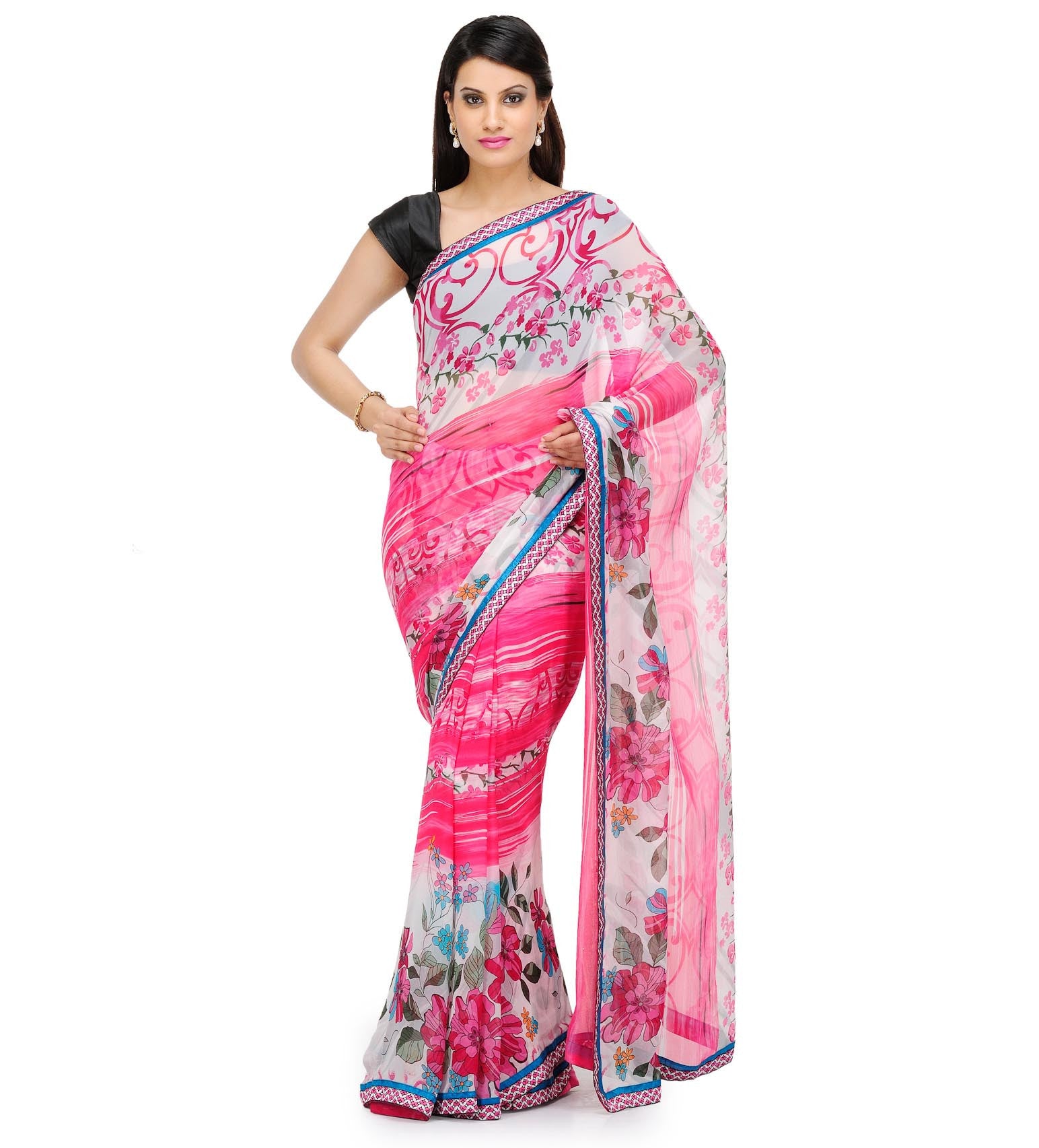 Off White Faux Georgette Printed Saree