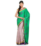 Green & Beige Semi Crepe Saree