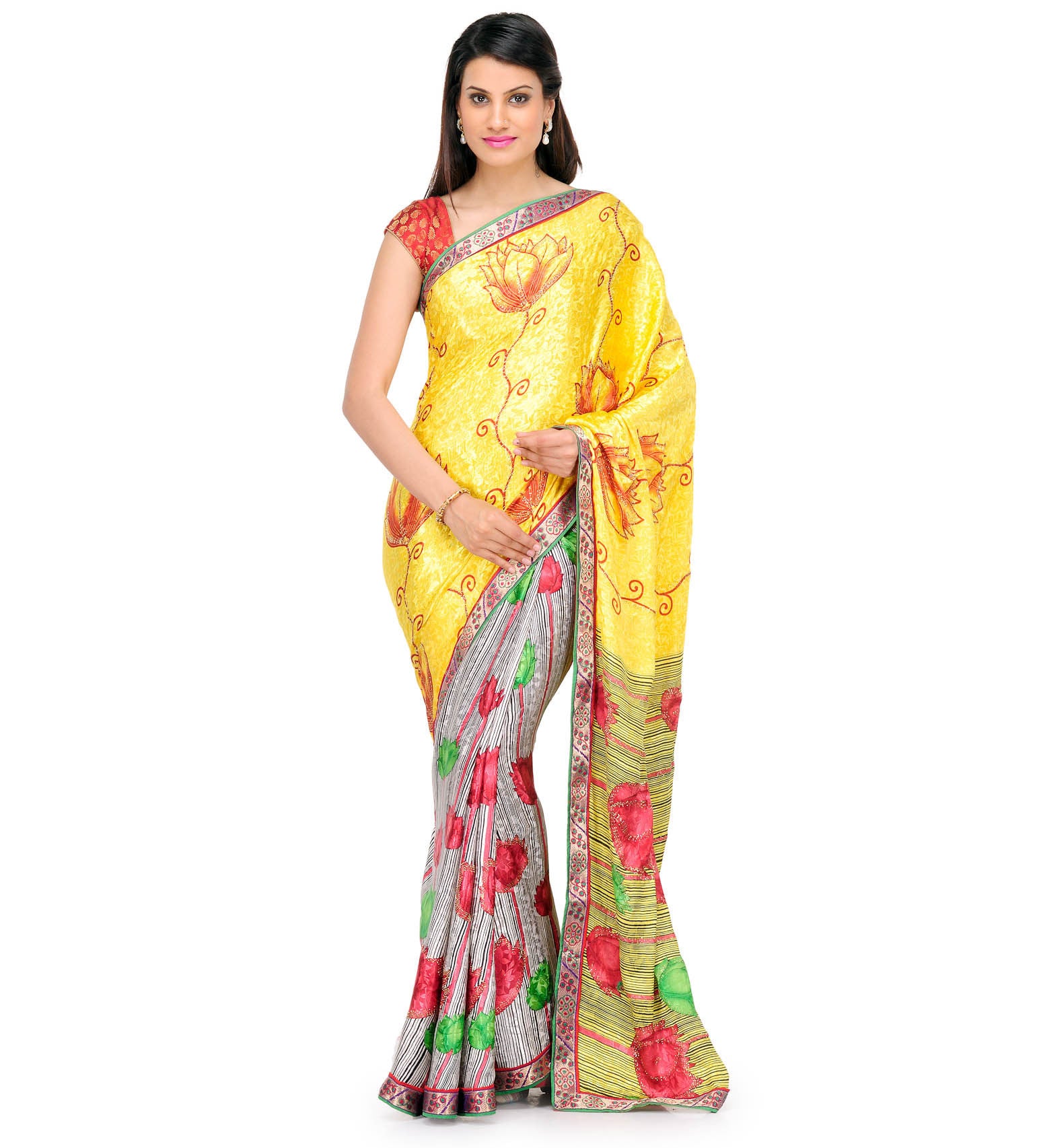 Yellow & Off White Semi Crepe Saree