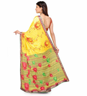 Yellow & Off White Semi Crepe Saree