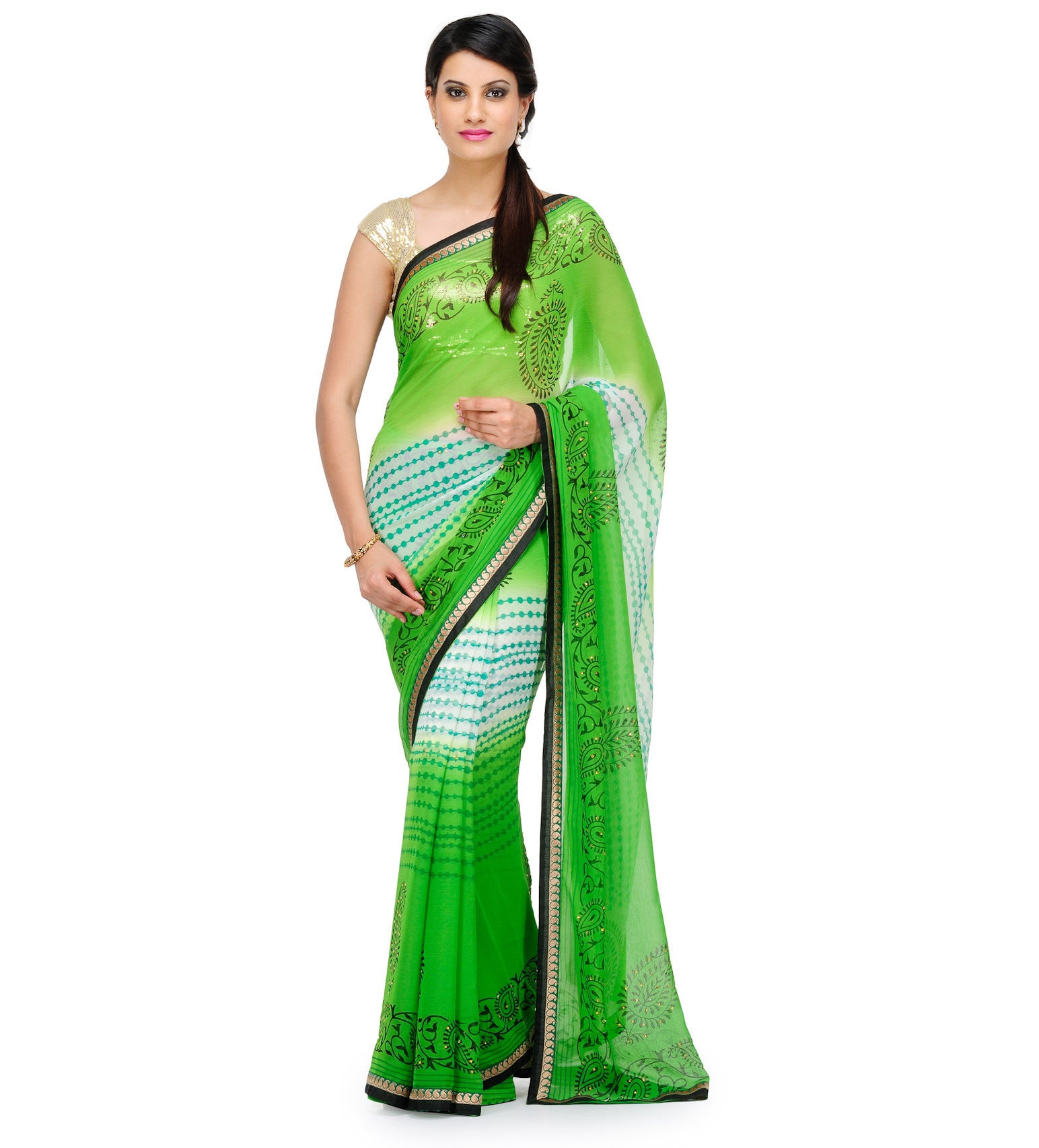 Green & Off White Shaded Faux Chiffon Saree