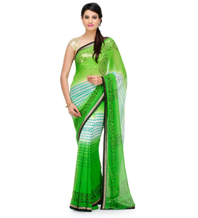 Green & Off White Shaded Faux Chiffon Saree