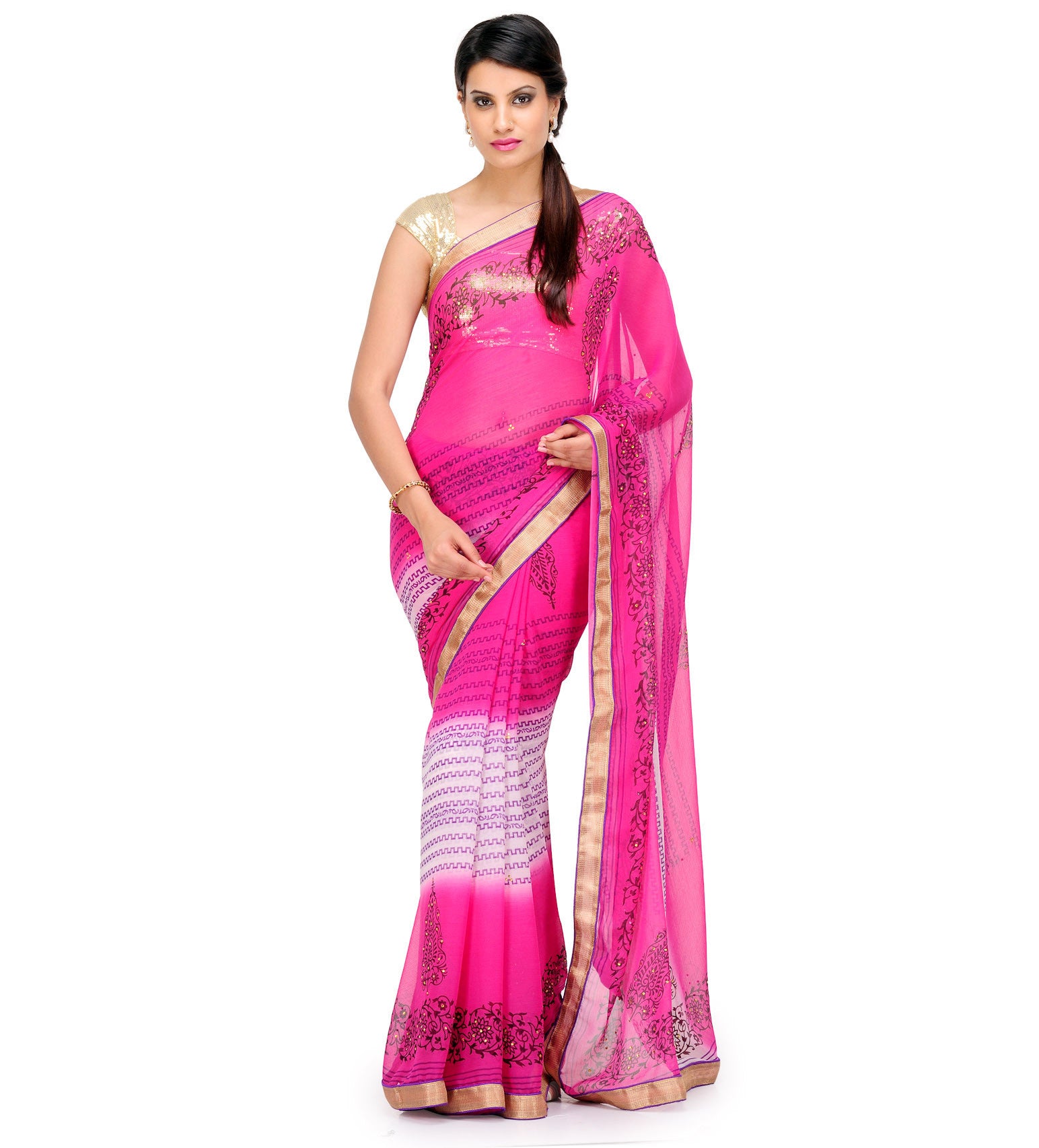 Magenta & Off White Shaded Faux Chiffon Saree