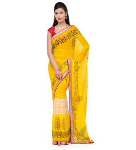 Yellow & Off White Faux Chiffon Saree