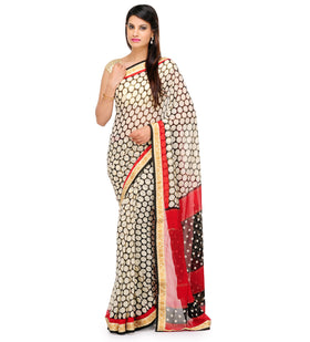 Black & Beige Faux Georgette Printed Saree