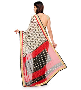 Black & Beige Faux Georgette Printed Saree