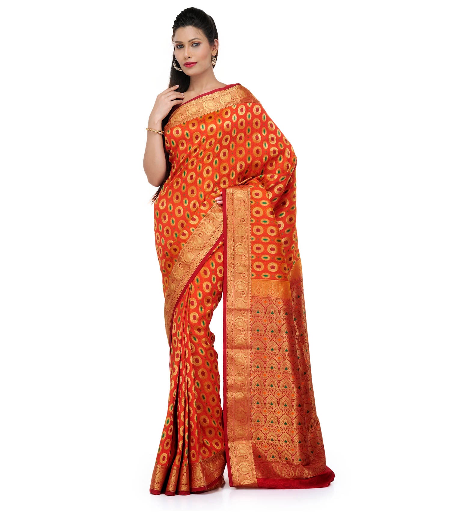 Orange Art Silk Saree with Meena Work