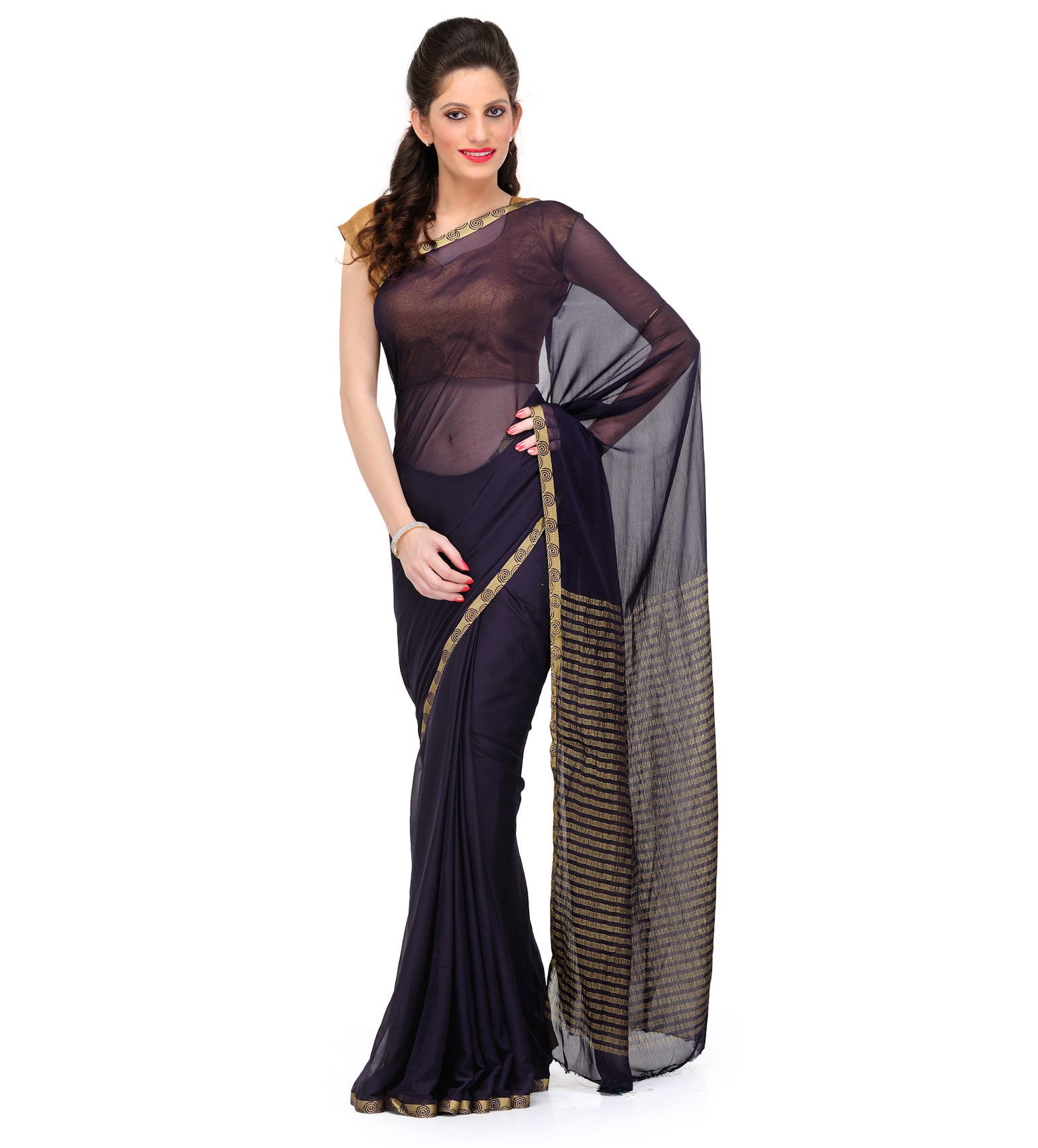 Navy Blue Semi Chiffon Saree