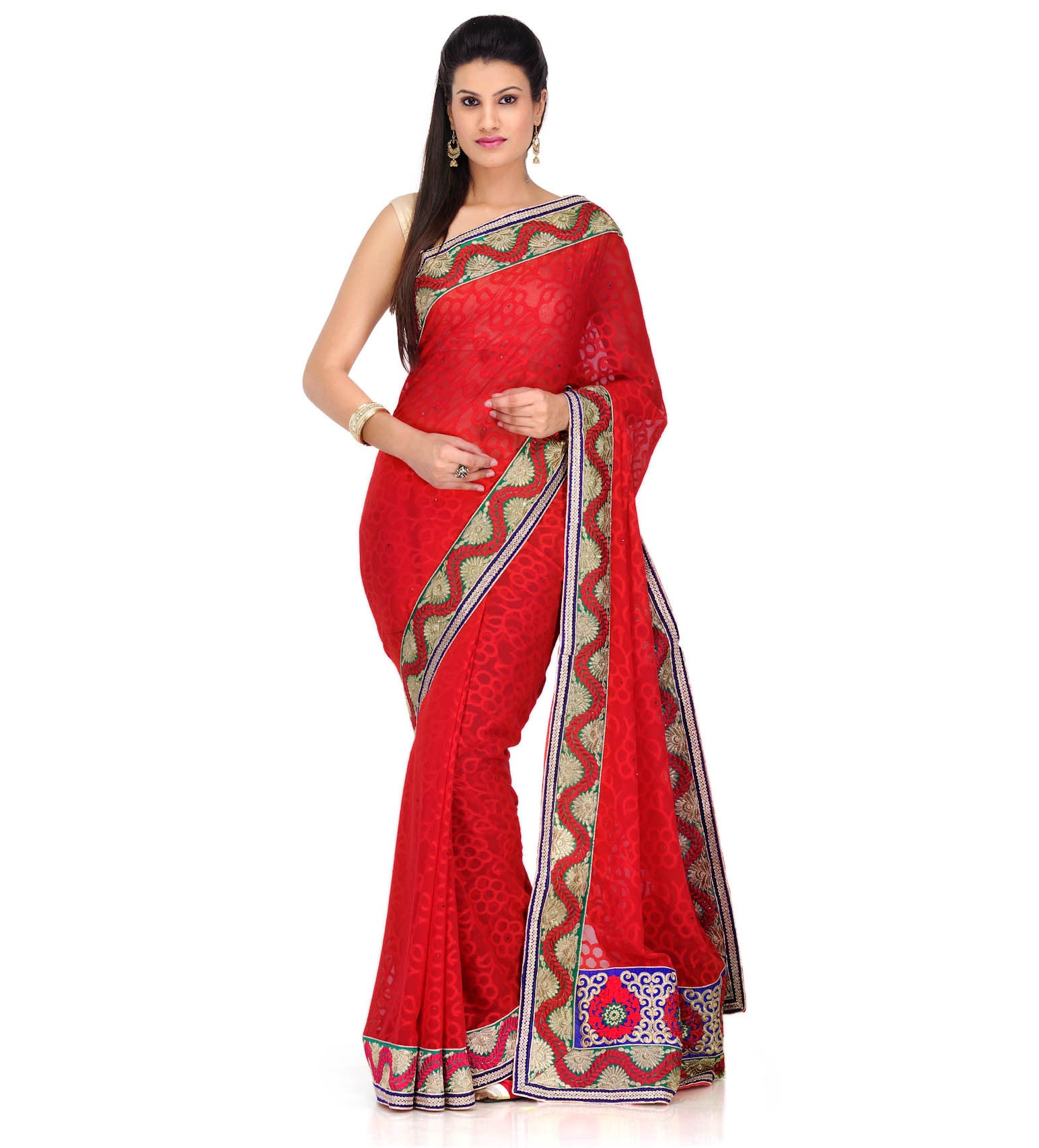 Red Faux Georgette Saree