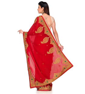 Red Faux Georgette Saree