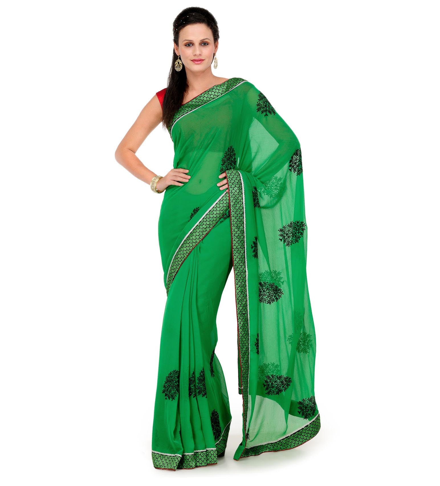 Green Faux Chiffon Saree with Resham Border