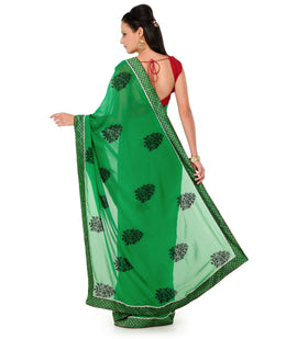 Green Faux Chiffon Saree with Resham Border