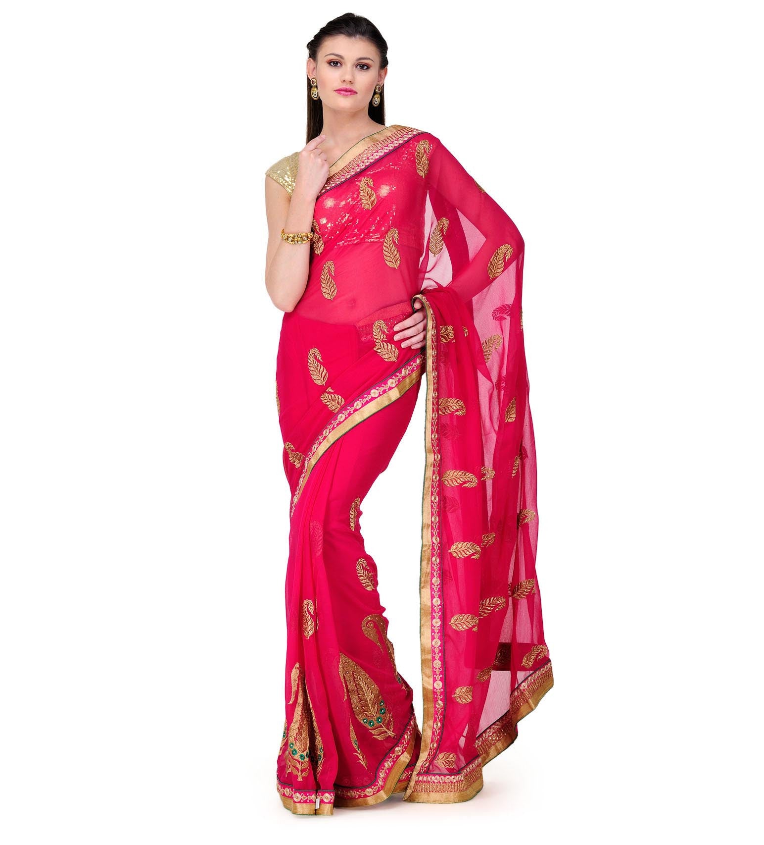 Magenta Faux Chiffon Saree with Zari Border