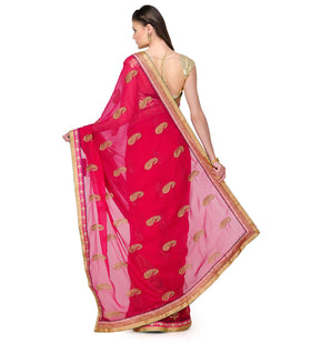 Magenta Faux Chiffon Saree with Zari Border