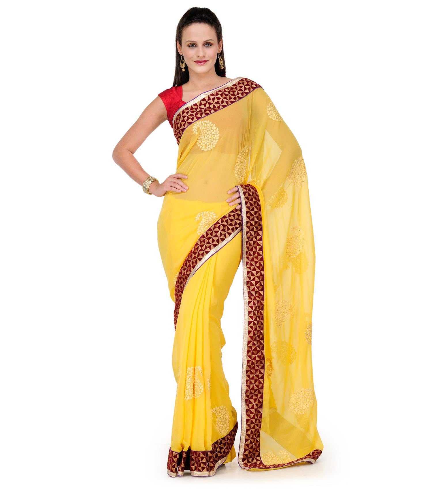 Yellow Faux Chiffon Saree with Zari Border