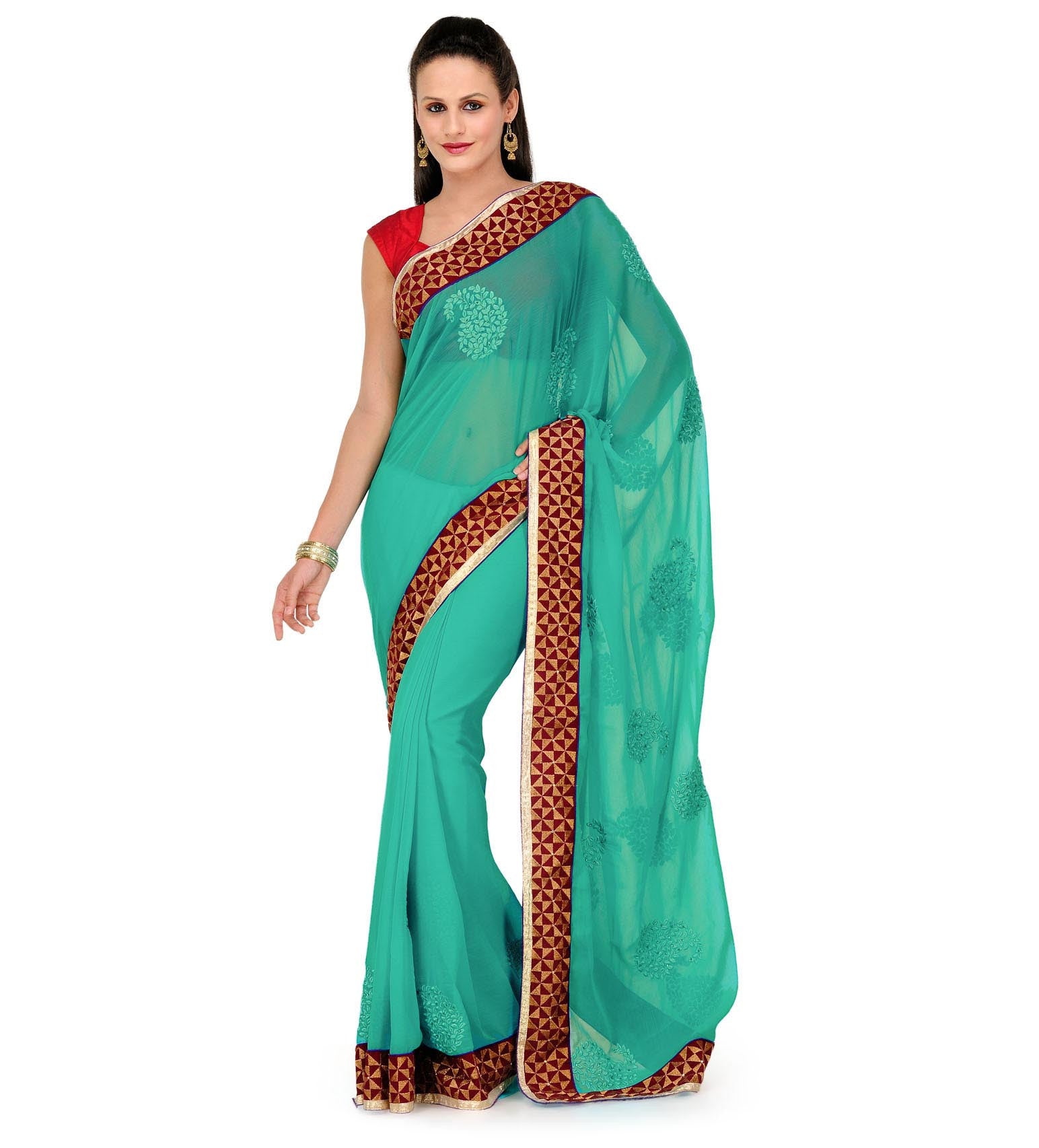 Sea Green Faux Chiffon Saree