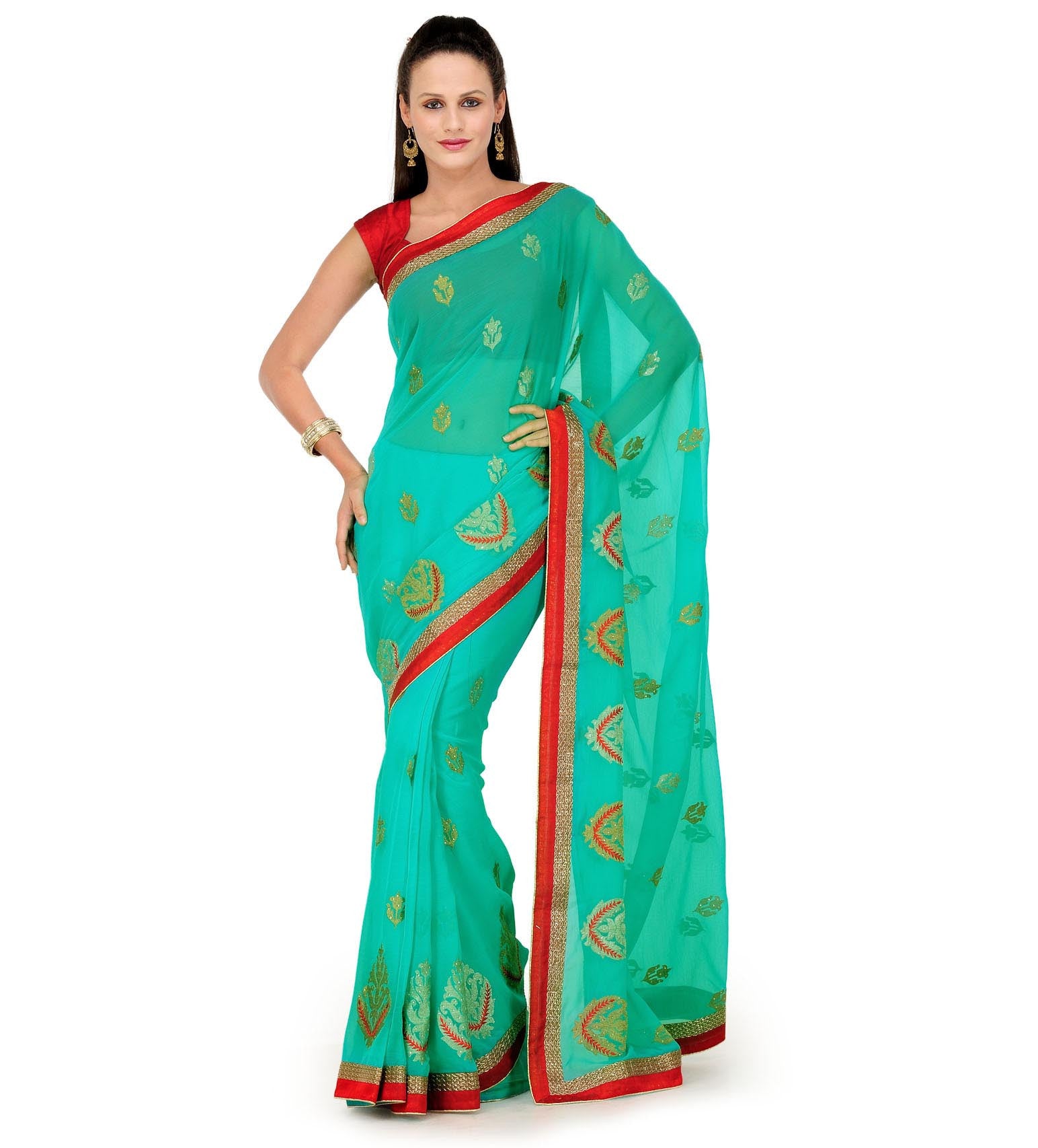 Sea Green Faux Chiffon Saree