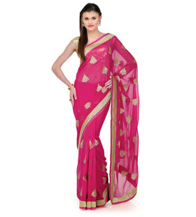 Magenta Faux Chiffon Saree with Zari Border